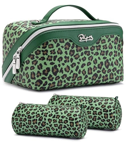 BOYATU Travel Makeup Bag Organizer: 3 Pcs Leopard Cometic Bag Set for Women - color: A-Leopard-Green
