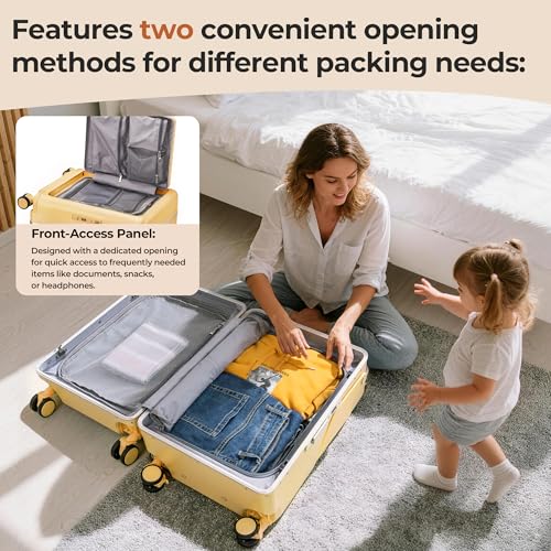 20" Ride-On Luggage with Child Seat, Hardside Carry-On Suitcase with Front Access Shockproof Silent Spinner Wheels, TSA Lock, Charging Port for Kids & Adults & Busy Moms - color: Yellow