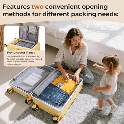20" Ride-On Luggage with Child Seat, Hardside Carry-On Suitcase with Front Access Shockproof Silent Spinner Wheels, TSA Lock, Charging Port for Kids & Adults & Busy Moms - color: Yellow