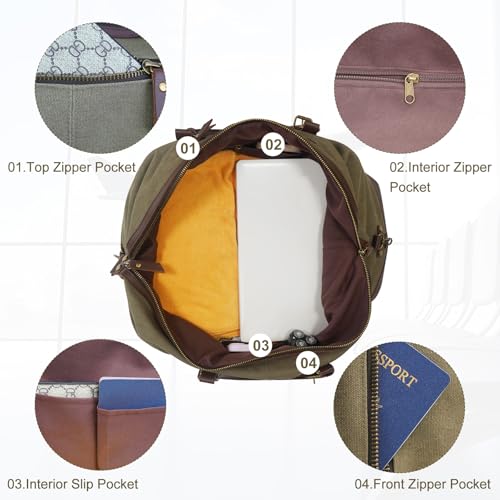 55L Canvas Duffle Bag for Men, Carry On Travel Weekender Overnight Bag - color: Green