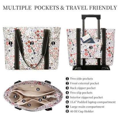 Tote Bag for Women with LaptopCompartment & Cup Holder - color: Pastel Flowers