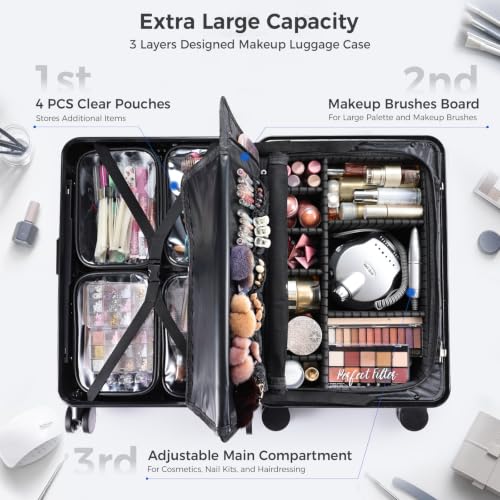 Hododou Rolling Makeup Case Cosmetology Case on Wheels Makeup Luggage Case - color: Black