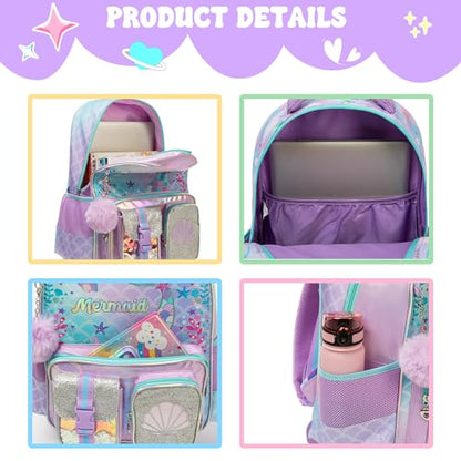 Meetbelify Backpacks for Girls School Backpacks with Lunch Box Pencil Case for Elementary Students Ages 8-10 - color: Purple 01