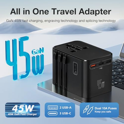 45W Universal Travel Adapter – Compact Plug with 3 USB-C & 2 USB-A Ports for EU/UK/US/AU, International Power Adapter Worldwide Charger, CE/FCC/RoHS Certified (Blue) - color: Blue