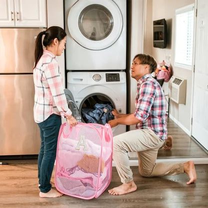 Collapsible Pop Up Laundry Hamper, Extra Large with Removable Initial Letter A, Mesh Foldable Laundry Basket, 28" x 16" x 16" (Pink) - color: 1P PinkA