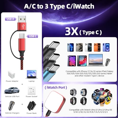 Travel Essentials Triple USB C 4in2 Multi Charging Cable for iWatch Charger - color: Red&Black&Sky Blue, size: AC to 2C+L+iWatch