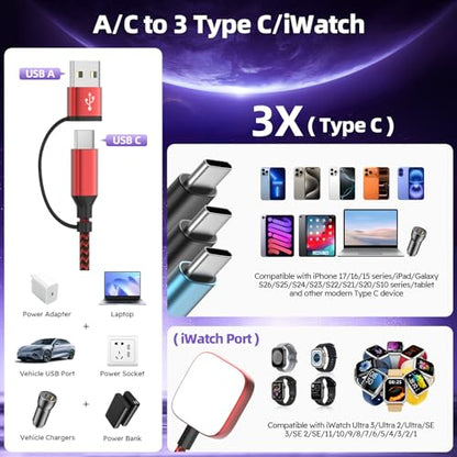 Travel Essentials Triple USB C 4in2 Multi Charging Cable for iWatch Charger - color: Red&Black&Sky Blue, size: AC to 2C+L+iWatch