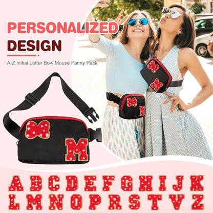 Initial Letter Bow Mouse-Ear Fanny Pack for Teen Girls,Cute Chenille Belt Bag Crossbody Travel Waist Pack for Women&Kids,Personalized Gift for Theme Park,School & Travel, Birthday Christmas(M) - size: M