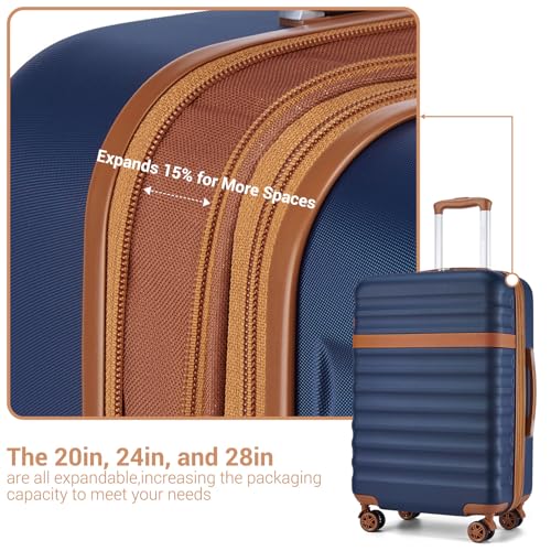 Kono 3-Piece Set 20in Expandable Carry-On Hardshell TSA Lock Navy - color: Navy/Brown, size: Carry-on travel set (db/tb/20")
