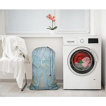 Swono Marble Stone Laundry Bag with Drawstring Closure, Foldable, Compact, Lightweight, 28" X 40" Blue Golden Liquid Lines Packable Dirty Clothes Pouch for College Dorm, Camp, Road Trip, Cruise or Gym - color: Marble Stone