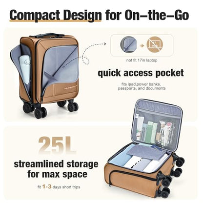 17 Inch Underseat Carry on Luggage with Removable Spinner Wheels - color: Brown, size: 17 inch_Underseat