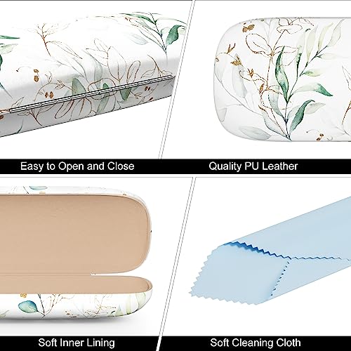 Eyeglasses Case, Hard Shell Protective Case for Glasses, Unisex for Women Men - color: White Background Leaves