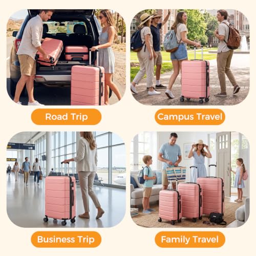 NEWBULIG 3 Piece Expandable Luggage Set, Hard Shell Suitcase, Pink - color: Pink, size: 3-PCS Set (20/24/28 Inch)