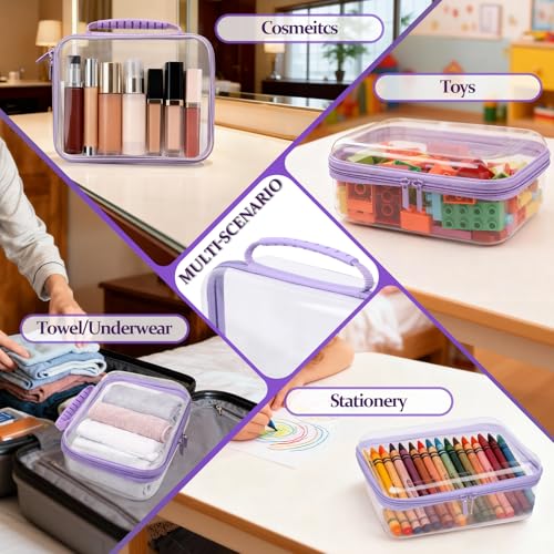 3 PCS Clear Zipper Pouches with Handle, Diaper Bag Organizer, Clear Makeup Bags Hardshell Toy Storage Bins with Zipper Toiletry Pouch Bag for Cosmetics Pencils Puzzles, Building Blocks(Purple) - color: Purple-3pc