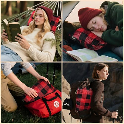 Tirrinia Travel Portable Blanket with Feet Pocket Airplane Office Poncho - color: Plaid Red, size: 50x70 inch (Button Back / Foot Pocket)