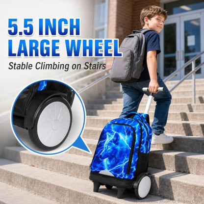 20 Inches Large Wheels Rolling Backpack for Boys with Detachable, 3Pcs Kids Lightning Wolf Wheeled Backpack Set for Elementary School (Blue) - color: Lightning Wolf (Large Wheels)