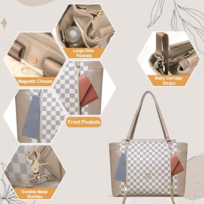 miss fong Checkered Diaper Bag Tote Leather Diaper Bag Backpack, Large Capacity Mommy Bag Hospital Bag, 12 Pockets Travel Diaper Tote with Changing Pad for Mom Plaid Tote Bag for Women-Beige&Honey - color: Beige&honey