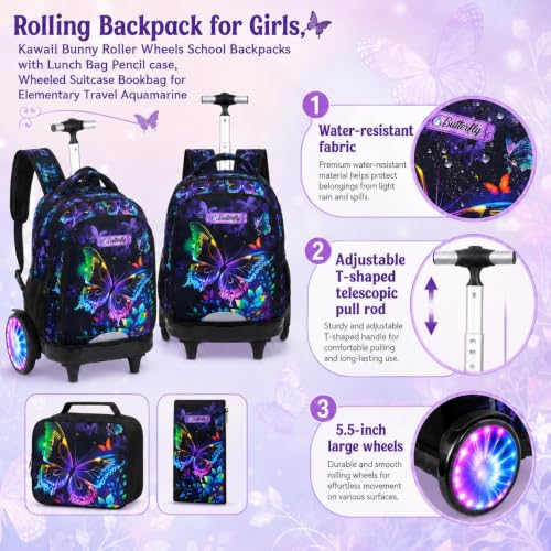3Pcs Rolling Backpack for Girls with Light Up Wheels, Detachable Large Wheels, Kids Butterfly Wheeled Backpack Set for Elementary School Travel (Black) - color: Butterfly Black