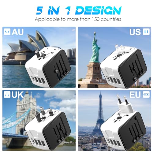 ISIX International Travel Adapter, 1 USB-C &3 USB-A Ports,2500W AC Outlet, - color: White
