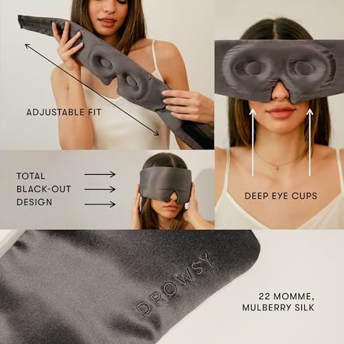 DROWSY Eyelash Protecting Silk Sleep Mask for Natural Lashes & Extensions. Deep Eye Cups, Zero Pressure, Total Blackout, Full Wraparound (Moonlight Shadow) - color: Moonlight Shadow