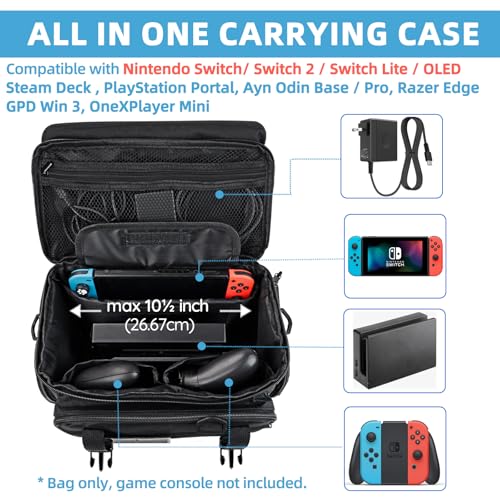 ALSLEA Tactical Travel Gaming Bag Compatible with Nintendo Switch/ Switch 2 All in One Carrying Case for Steam Deck, AC Adapter, Controllers, Protective Bag with Flag Patch &18 Game Card Slots (Black)