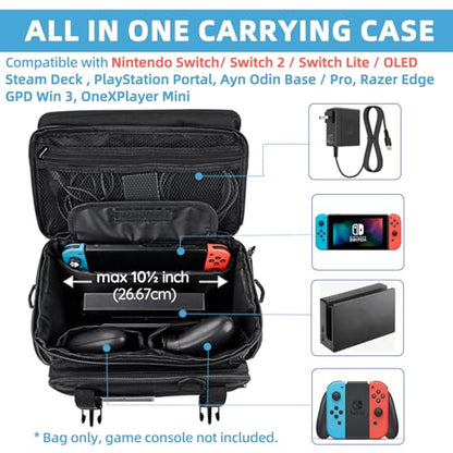 ALSLEA Tactical Travel Gaming Bag Compatible with Nintendo Switch/ Switch 2 All in One Carrying Case for Steam Deck, AC Adapter, Controllers, Protective Bag with Flag Patch &18 Game Card Slots (Black)
