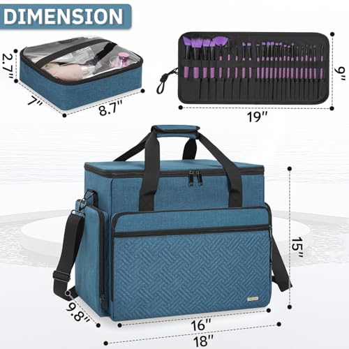 Extra Large Makeup Bag with 3 Removable Pouches and 1 Brush Holder - color: Blue
