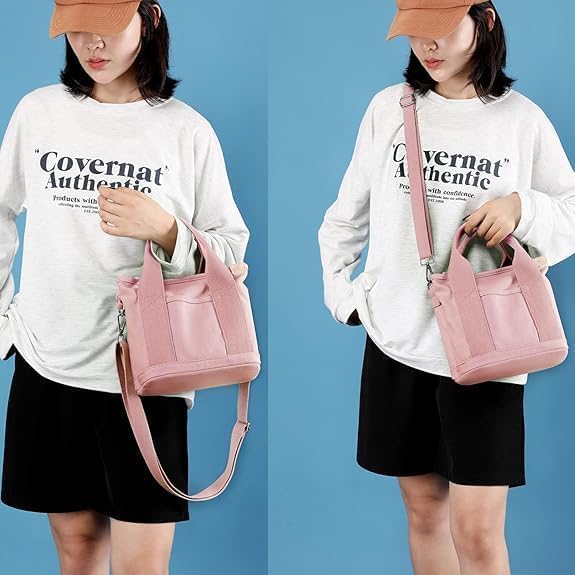 Small Tote Bag with Zipper, Canvas Multi-Pocket Crossbody Bag Shoulder Bag Satchel Hobo Bag - color: Pink, size: Small