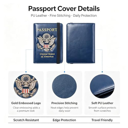 Premium Passport Holder for Travel RFID Blocking Passport Cover Slim - color: Blue