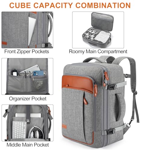 Lumesner 40L Expandable Carry On Travel Backpack with 4 Packing Cubes - color: Grey, size: 20 inches
