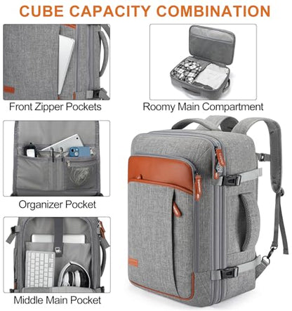 Lumesner 40L Expandable Carry On Travel Backpack with 4 Packing Cubes - color: Grey, size: 20 inches