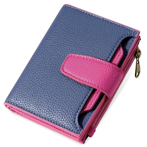 Airkit Small Wallet Women RFID Blocking Vegan Leather Bifold Compact Card Holder Wallet for Women with Zipper Coin Pocket 4 ID Window - color: Colorblock - Blue/Plum Red