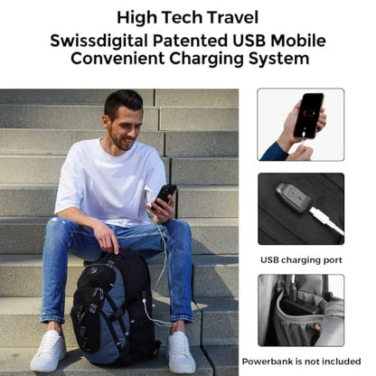 Swissdigital Design Travel Backpack for Men with USB Charging Port SD803-16 - color: Haze Blue/Black