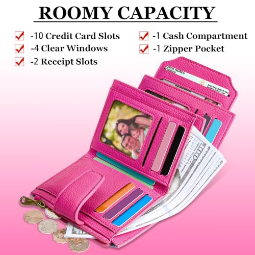 Airkit Small Wallet Women RFID Blocking Vegan Leather Bifold Compact Card Holder Wallet for Women with Zipper Coin Pocket 4 ID Window - color: Colorblock - Blue/Plum Red