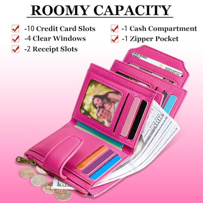 Airkit Small Wallet Women RFID Blocking Vegan Leather Bifold Compact Card Holder Wallet for Women with Zipper Coin Pocket 4 ID Window - color: Colorblock - Blue/Plum Red