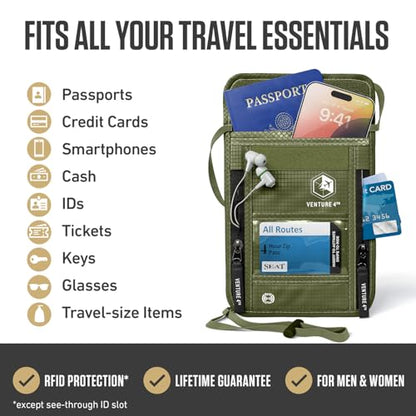 VENTURE 4TH Travel Neck Wallet, RFID Blocking Passport Holder - Green - color: Green