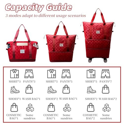 Rolling Duffle Bag with Wheels Expandable Foldable Travel Duffel Bag Checkerboard Carry on Luggage Bag Weekender Bag for Men Women - color: Red+Shoe Bag