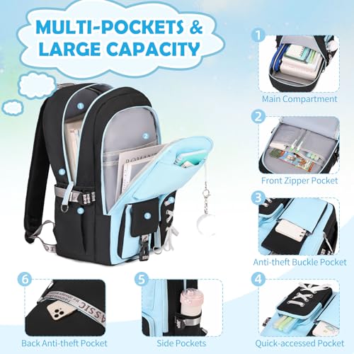 ACESAK 3PCS Teen Girls Backpack with Lunch Bag Set&USB Charging Port,Blue - color: Black & Blue