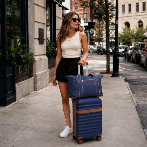 Kono 3-Piece Set 20in Expandable Carry-On Hardshell TSA Lock Navy - color: Navy/Brown, size: Carry-on travel set (db/tb/20")