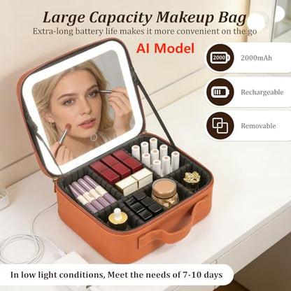 Travel Makeup Bag with Mirror & 8 Adjustable EVA Dividers, Camel - color: Camel-8 Dividers