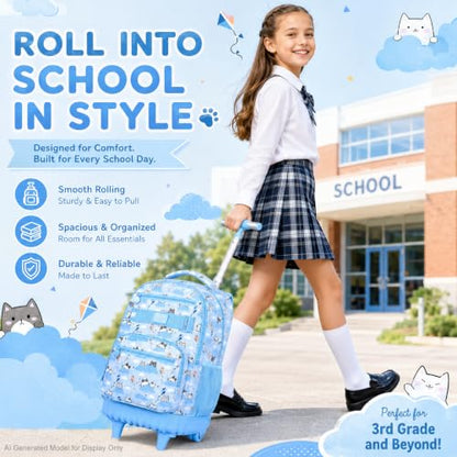 KLFVB Rolling Backpack for Girls and Womens, 3PCS Roller Bookbag with Lunch Bag for Kids, Wheeled School Bag for Children - Blue Cloud Cat - color: Blue Cloud Cat