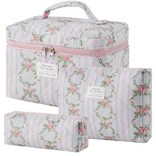 HBselect Quilted Makeup Bag, 3Pcs Cotton Large Travel Makeup Bags Organizer - color: A-3PCS-Floral 51