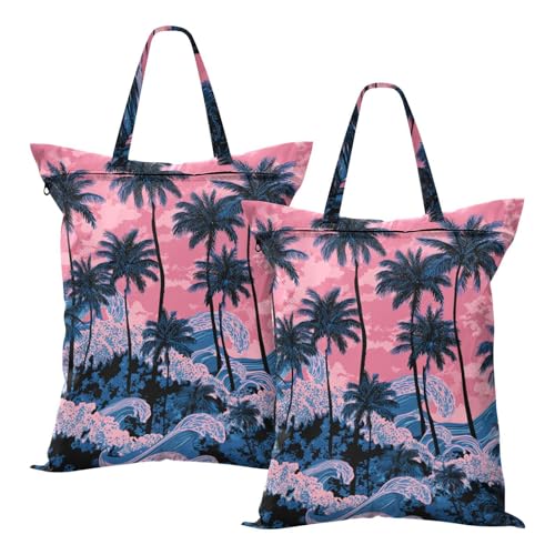 Travel Laundry Bags 2 PC Wet Dry Bag with Handle Dirty Clothes Organizer for Swimsuits Beach Camping Waterproof Washable Palm Tree Wave Pink - color: Palm Tree Wave Pink