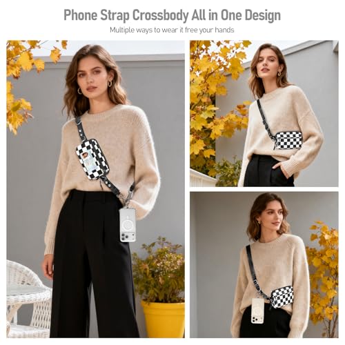 Tiostep Clip and Go Strap for Phone with Wallet Crossbody Phone Lanyard Adjustable and Detachable RFID Wristlet Wallet (Black White Checkered, Medium) - color: Black White Checkered, size: Medium