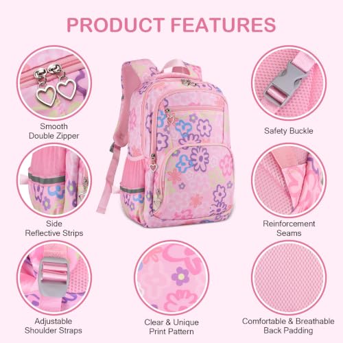 Rexmore Girls 3Pcs Backpack Set with Lunch Box & Pencil Case, Pink - color: Pink