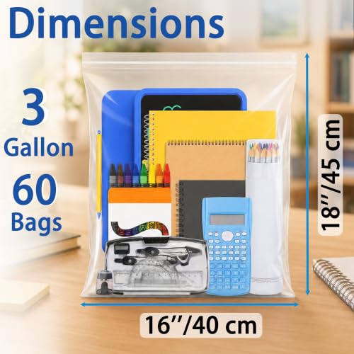 Large 3 Gallon Zippered Plastic Bags for Storage- 16'' x 18'', Ideal for Clothes Clothing, Travel, Moving, 2-mil Thick Clear Plastic, 60 pack - size: 3 gal-60 pack