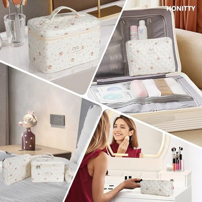 honitty Makeup Bag,Quilted Cosmetic Bags for Women - color: Red-White