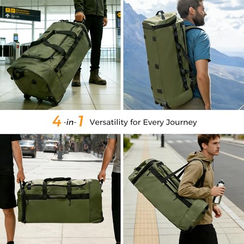Rolling Duffel Bag with 3 Wheels, 28 Inch 110L Waterproof, Green - color: Green