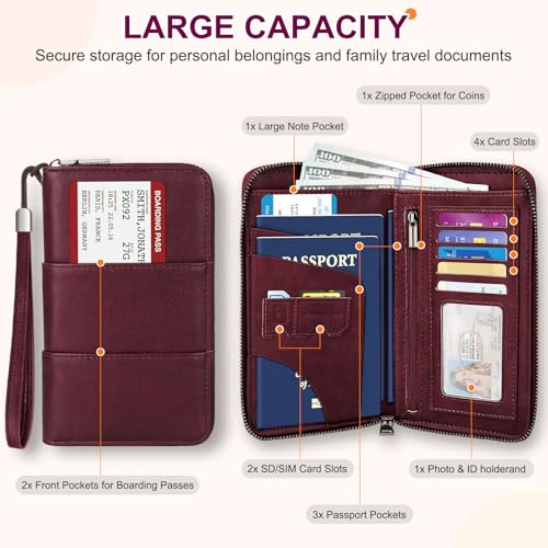 RFID Family Passport Holder Wallet - Travel Document Organizer - color: Wine Red