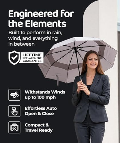 Windproof Travel Umbrella - Compact & Withstands Winds up to 100MPH, Strongest Premium Auto Folding Umbrella for Rain and Sun - Durable, Light & Portable for Women & Men, Fits Backpack & Cars - color: 19. Gray